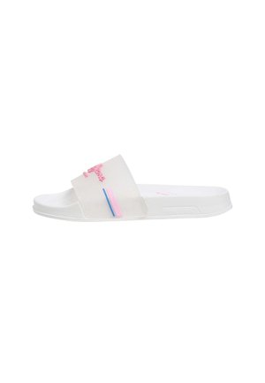 Sandalo bianco slip-on con ampia fascia traslucida, accenti rosa e blu, e suola sagomata per un uso casual.