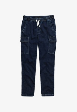 Navy blue cargo pants with an elastic waistband, white drawstring, side pockets, and two large cargo pockets on the thighs. Denim texture.