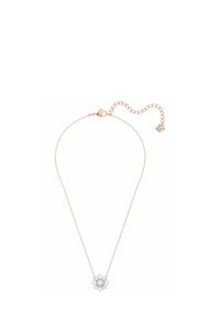 Collier en or rose avec un pendentif floral. Des pierres claires ornent le centre et les pétales. Comprend un fermoir et une chaîne à longueur réglable.