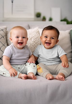 Zwei lächelnde Babys sitzen auf einem Sofa, tragen hellfarbene Hemden und gemusterte Hosen mit Cartoonfiguren in einem gemütlichen Wohnzimmer.