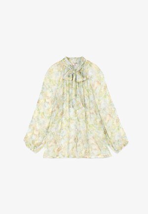 Gennemsigtig bluse med lange ærmer, pastelblomstret mønster, knapper foran og sløjfe ved halsen.
