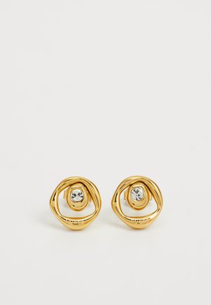 Gold-tone metal stud earrings featuring a swirling design and clear crystal accents in a circular shape. Smooth texture and polished finish.