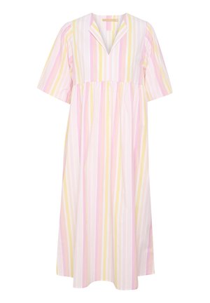 Prugasta obleka z roza, rumenimi in belimi navpičnimi črtami. Kratki rokavi, ovratnik v obliki črke V in guban pas za sproščen kroj.