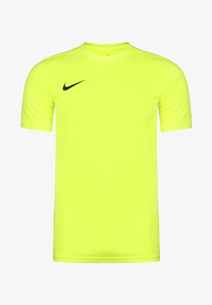 Neon gele T-shirt met korte mouwen van lichtgewicht materiaal; heeft een zwart Nike swoosh-logo op de bovenste linkerkant van de borst.