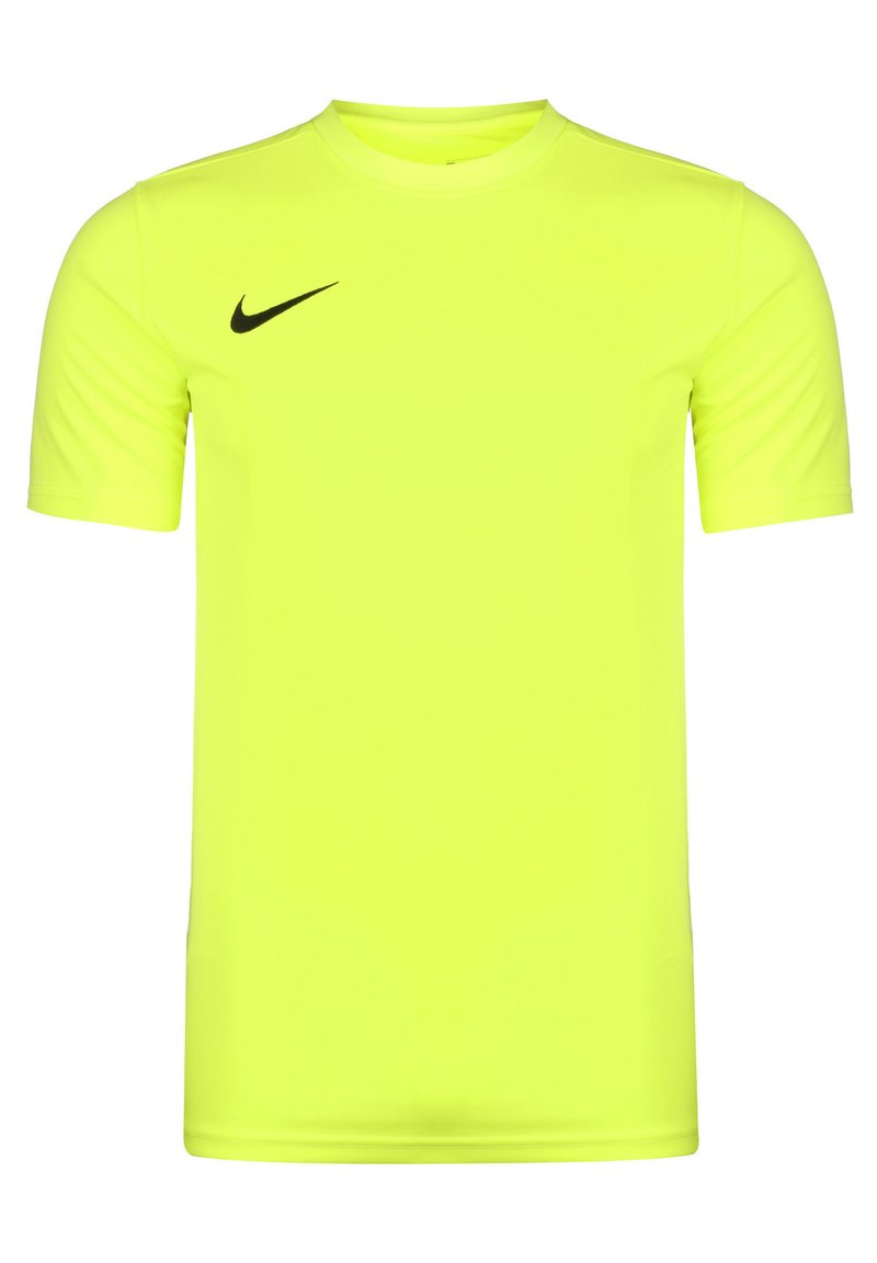 Neon-gelbes T-Shirt mit kurzen Ärmeln aus leichtem Material; verfügt über ein schwarzes Nike-Swoosh-Logo auf der oberen linken Brust.