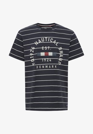 Tricou din bumbac de culoare bleumarin, cu dungi orizontale albe, având un logo și un text imprimate în culori contrastante, situate în centru și pe partea din față.