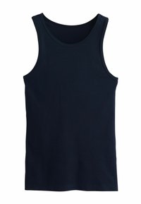 Débardeur côtelé bleu marine sans manches avec col rond et coupe ajustée, présenté sur fond blanc.