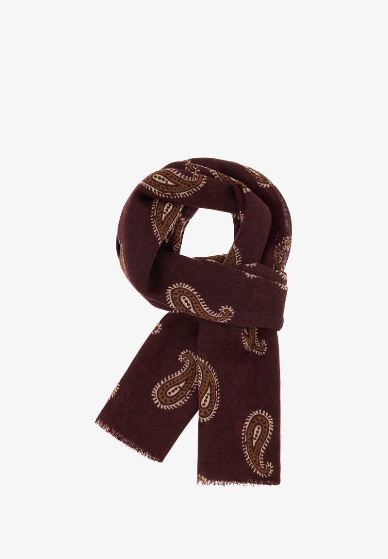 Bordový šál s paisley vzorom v béžovej a hnedej farbe. Mäkká tkanina s strapatými okrajmi. Šál je zviazaný v uvoľnenom voľnom uzle.