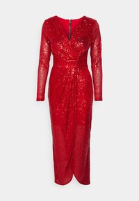 Langärmliges rotes Maxikleid aus Pailletten mit V-Ausschnitt, tailliertem Schnitt, gerafftem Frontdetail und Reißverschlussverschluss hinten.