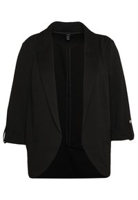 Blazer noir avec une texture douce et lisse, design à front ouvert et manches retroussées. Caractéristiques de couleur unie et accents matériels minimaux.