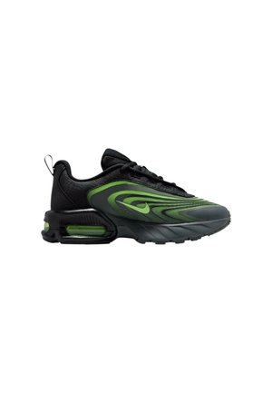 Zapatilla Nike Air Max negra y verde con suela visible con cámara de aire, cordones negros y diseño de ondas dinámicas en el lateral.