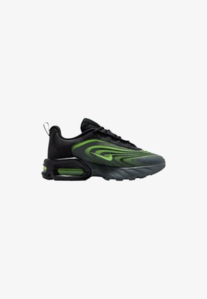 Black and green Nike Air Max sneaker with visible air cushion sole, black laces, and dynamic wave design on the side.