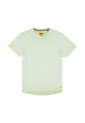 Light green short-sleeve T-shirt made of textured fabric, featuring a round neckline and a small label on the hem.