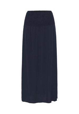 Tengerészkék maxi szoknya széles, ráncolt derékpánttal és légies anyagból, bokáig érő, lazán szabott.