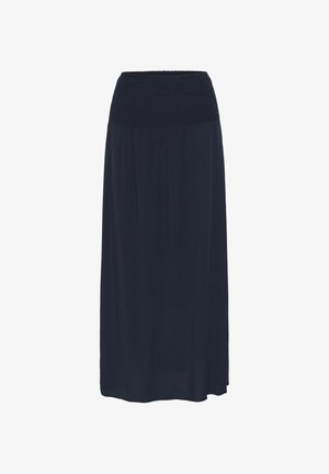 Fustă maxi albastru marin cu talie largă cu elastic și material fluid, lungime până la gleznă și croială lejeră.