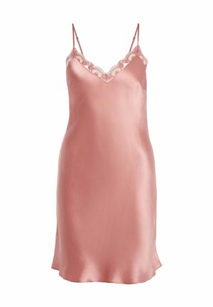 Camisole di seta rosa con spalline sottili regolabili, caratterizzata da un bordo in pizzo smerlato lungo la scollatura e una texture satinata liscia.
