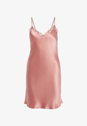 Camisole di seta rosa con spalline sottili regolabili, caratterizzata da un bordo in pizzo smerlato lungo la scollatura e una texture satinata liscia.