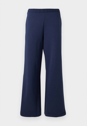 Pantalon large bleu marine avec taille élastique, en tissu doux, présenté sur un fond blanc uni.