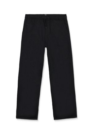 Pantalon noir à jambes droites avec taille élastique et cordon de serrage, avec poches latérales, présenté sur fond blanc.