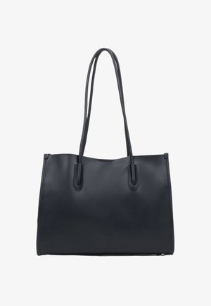 Zwarte leren tote bag met twee lange handvatten, gladde textuur, rechthoekige vorm en minimalistisch ontwerp. Geen zichtbare hardware of accenten.