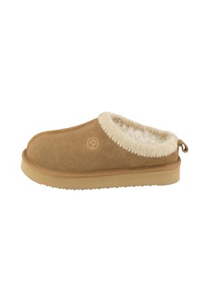 Brauner Wildleder-Hausschuh mit cremefarbenem Kunstpelzfutter und genähter Sohle, für Komfort im Innenbereich konzipiert.