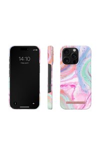 Smartphone with a colorful marbled pink, purple, green, and orange protective case shown from front, side, and back views.