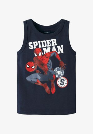 Débardeur en coton bleu marine mettant en avant un graphique de Spider-Man et un plus petit Spider-Man, avec le texte "SPIDER MAN" en lettres blanches en gras.