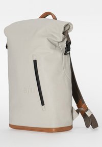 Roll-top backpack in light gray material with brown leather accents, featuring a front zip pocket and adjustable straps. Smooth texture.