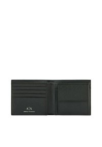 Cartera de cuero negro con un acabado texturizado, que cuenta con múltiples compartimentos para tarjetas y un logotipo grabado en la esquina inferior izquierda.