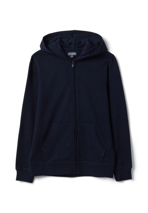 Donkerblauwe hoodie met rits, voorzakken en capuchon, plat gelegd op een witte achtergrond.