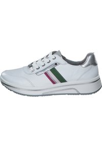 White sneaker with a textured leather upper, silver accents, and multi-colored stripes (green, pink, purple) along the side. Rubber sole.
