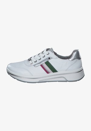 White sneaker with a textured leather upper, silver accents, and multi-colored stripes (green, pink, purple) along the side. Rubber sole.