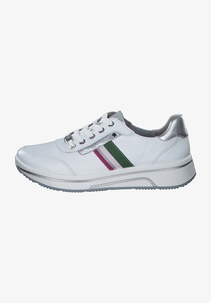 White sneaker with a textured leather upper, silver accents, and multi-colored stripes (green, pink, purple) along the side. Rubber sole.