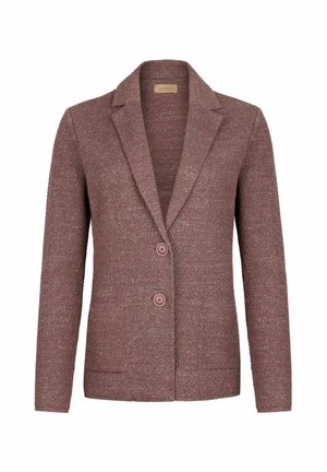 Brun strikket kvindeblazer med to forreste knapper, hakket revers og påsyede lommer, vist på en hvid baggrund.