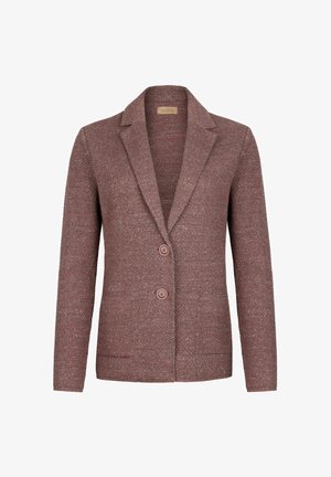 Brun strikket kvindeblazer med to forreste knapper, hakket revers og påsyede lommer, vist på en hvid baggrund.