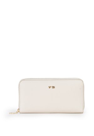 Portafoglio color crema con zip intorno, logo dorato "V 73" e cursore della zip dorato su sfondo bianco.