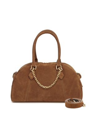 Brown suede handbag with double handles, gold chain detail, and detachable shoulder strap coiled beside it on white background.
