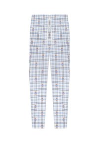 Rute pyjamasbukser i blå og hvid, med et legende mønster af små illustrerede figurer. lavet af blødt stof med elastisk talje.