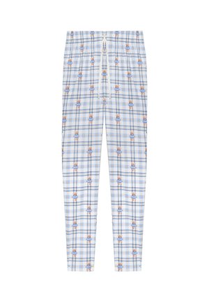 Rute pyjamasbukser i blå og hvid, med et legende mønster af små illustrerede figurer. lavet af blødt stof med elastisk talje.