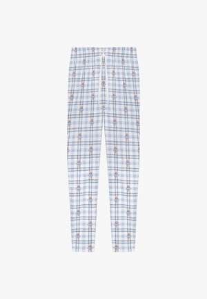 Rute pyjamasbukser i blå og hvid, med et legende mønster af små illustrerede figurer. lavet af blødt stof med elastisk talje.