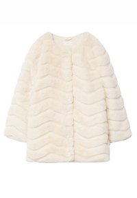 Cream-colored faux fur coat with a chevron pattern, round neck, and wide sleeves, featuring soft, fluffy texture and no visible hardware.