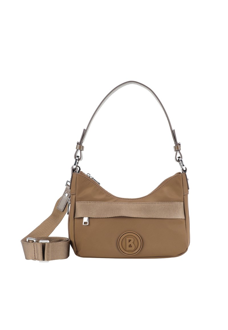 Borsa a spalla in nylon marrone con forma arrotondata, hardware in tonalità argento e un accento in tessuto a coste. Presenta un logo e una tracolla regolabile.