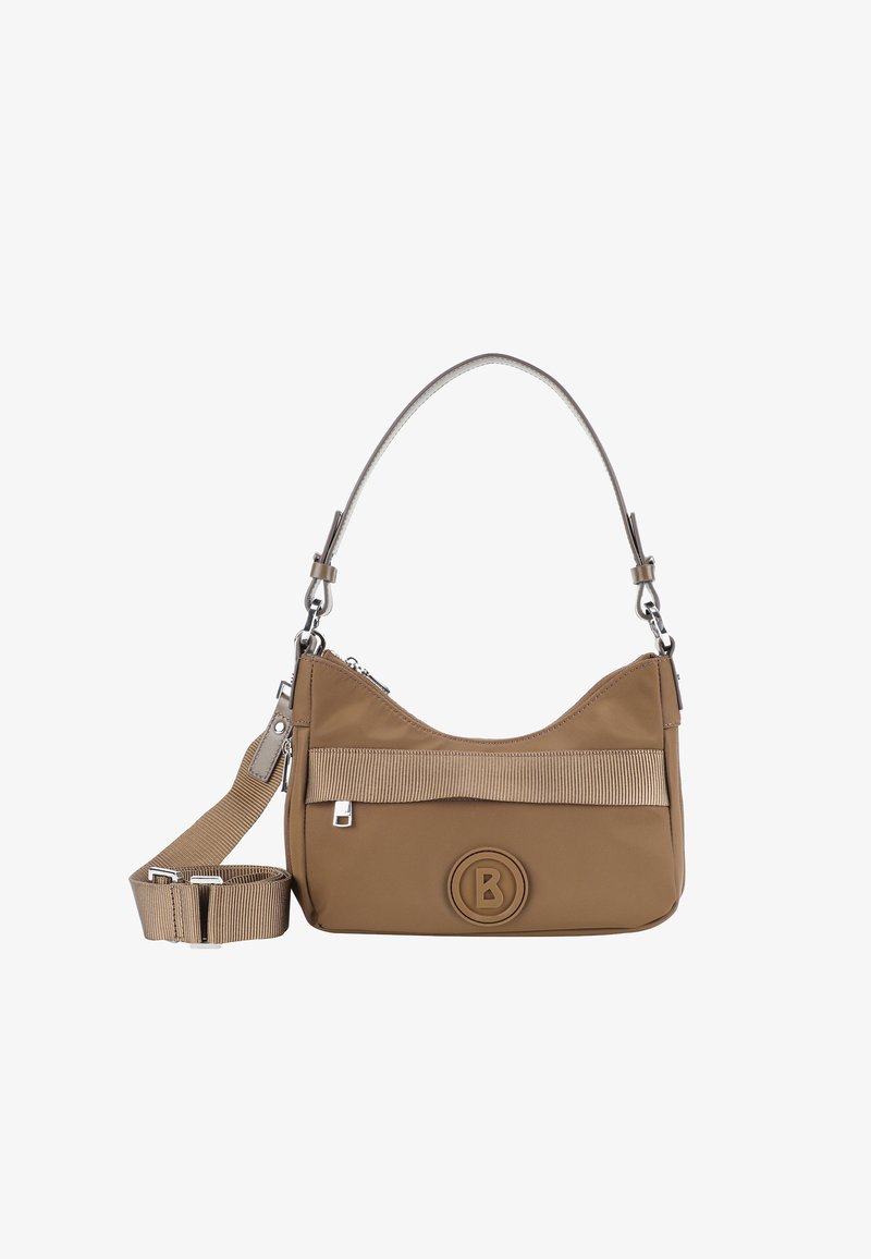 Borsa a spalla in nylon marrone con forma arrotondata, hardware in tonalità argento e un accento in tessuto a coste. Presenta un logo e una tracolla regolabile.