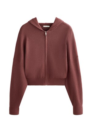 Sweat à capuche court zippé de couleur bordeaux pâle. Confectionné en tissu côtelé avec une large capuche et des manches amples. Design simple, sans ornements visibles.