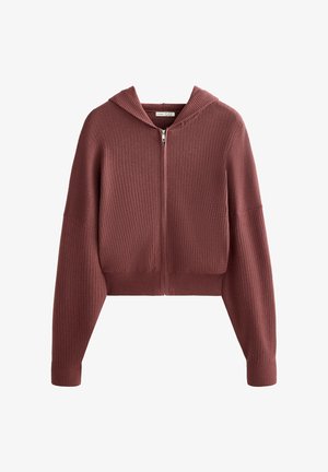 Sweat à capuche court zippé de couleur bordeaux pâle. Confectionné en tissu côtelé avec une large capuche et des manches amples. Design simple, sans ornements visibles.