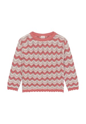Różowo-kremowy sweter dziergany z falistym wzorem, falistym dołem i okrągłym dekoltem. Projekt uzupełniają długie rękawy.