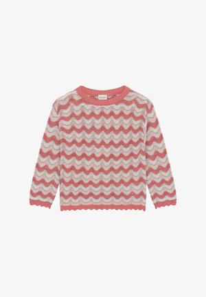 Roze en crèmekleurige gebreide trui met een golvend patroon, een geschulpte zoom en een ronde hals. Lange mouwen maken het ontwerp compleet.