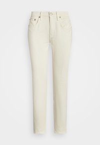Beige rechtzakkige jeans van katoen met vijf zakken, een knoopsluiting en subtiele stikseldetails. Gladde textuur, klassiek ontwerp.