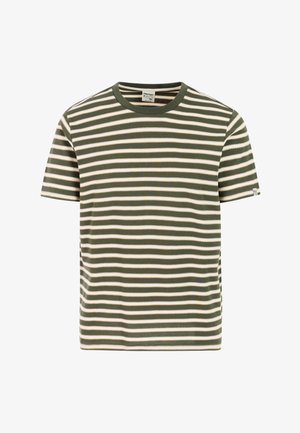 Green and cream striped t-shirt made of cotton, featuring a crew neckline and short sleeves; regular fit with a straight hem.