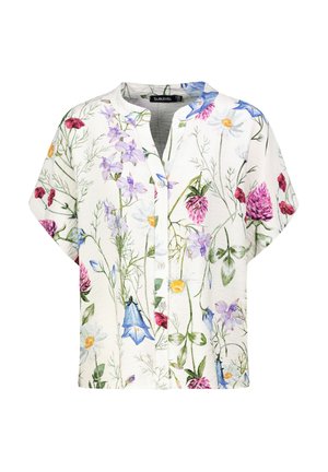 Blumenhemd mit durchgehenden Knöpfen, kurzen Ärmeln und weißem Hintergrund. Verfügt über mehrfarbige Blumenmuster und einen lockeren Schnitt.